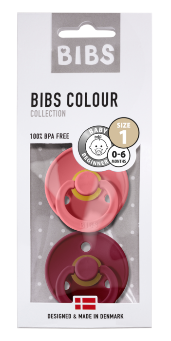 BIBS Colour Latex Schnuller (rund, 0-6 Monate), Coral & Ruby