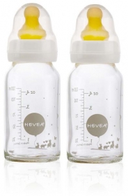 Hevea Babyfläschchen aus Glas (weiss, 120ml, 2er Pack) + Trinksauger