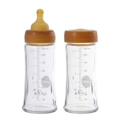 Hevea Babyfläschchen aus Glas/ weiter Hals (250 ml) + Trinksauger & Schutzkappe