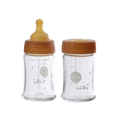 Hevea Babyfläschchen aus Glas/ weiter Hals (150 ml) + Trinksauger & Schutzkappe